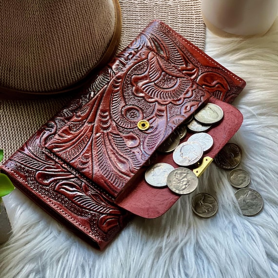 Handmade Carved Leather Wallet: Floral Bohemian Style