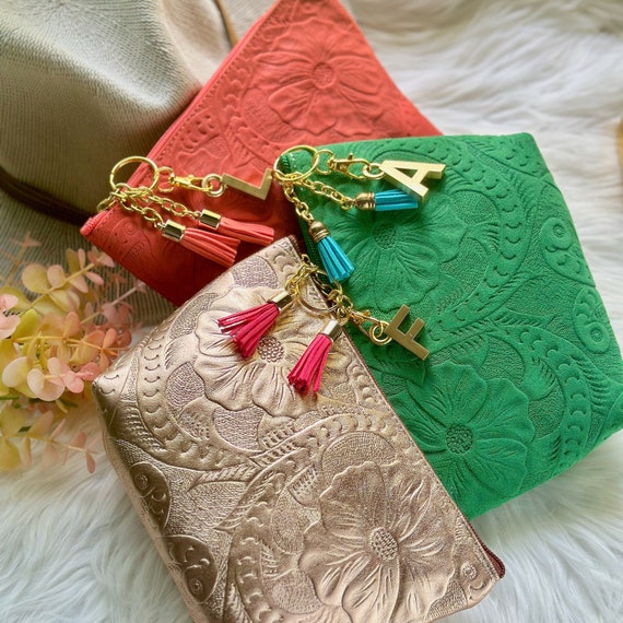 Personalized Leather Makeup Bag, Initial Cosmetic Bag, Tooled Floral Leather Toiletry Bag, Custom Travel Makeup Pouch, Gift for Her