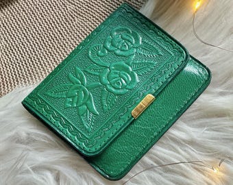 Embossed Leather Small Wallet: Minimalist Floral Wallet