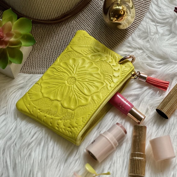 Leather Small Pouch,  Small Cosmetic Bag,  Floral Embossed Zipper Pouch,  Gift for Her