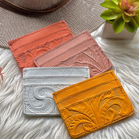 Personalized Tooled Leather Card Holder: Handmade Floral Wallet
