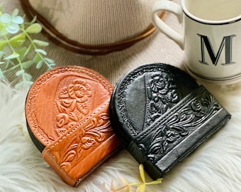 Personalized Leather Coaster Set • Handmade Floral Drink Coasters with Holder • Housewarming & Mother’s Day Gift