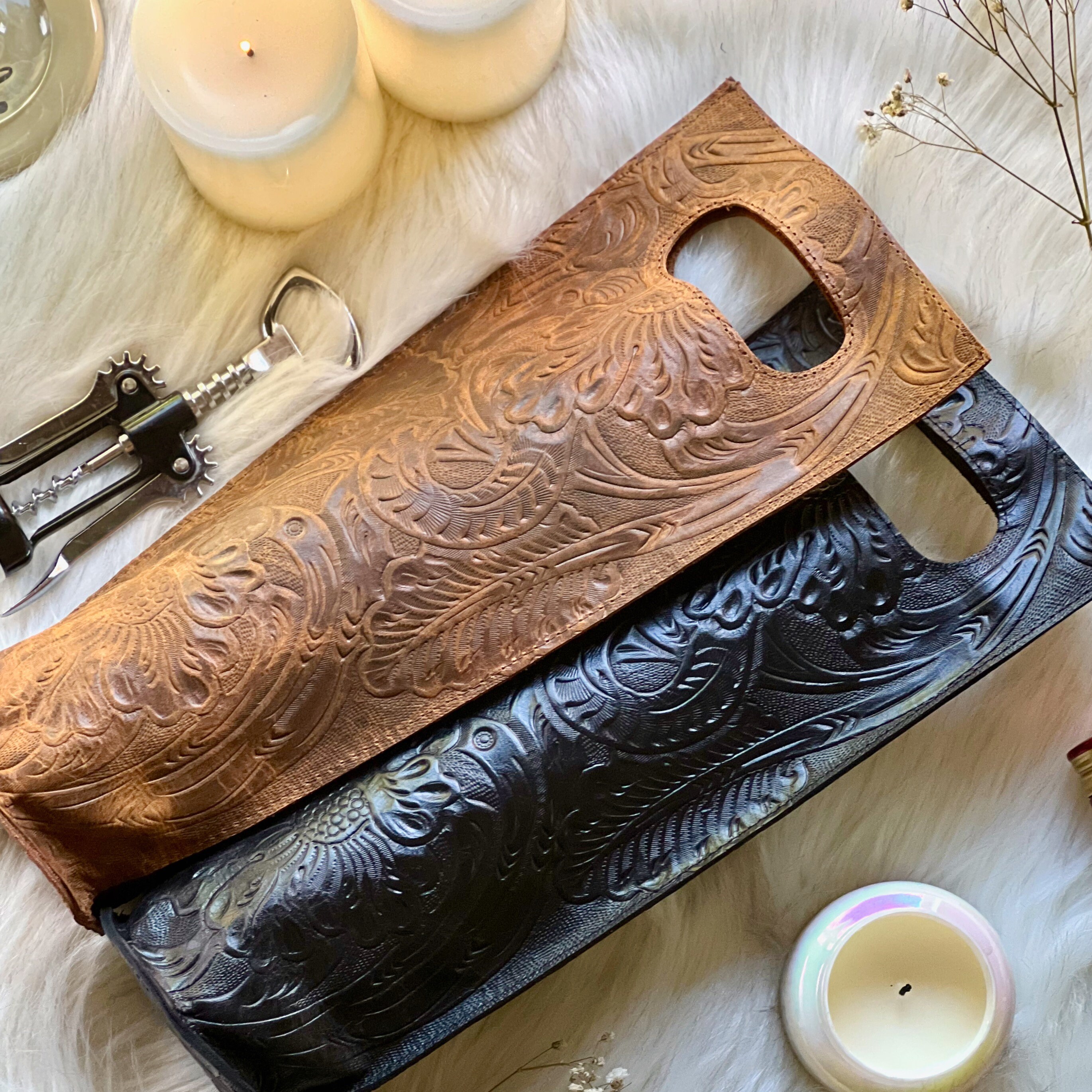 Leather Wine tote • Tooled leather wine bag • Authentic leather wine
