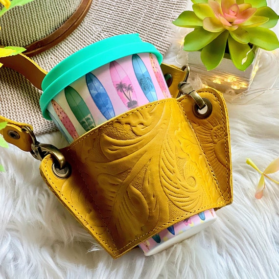 Tooled Leather Coffee Cup Holder: Reusable Coffee Sleeve