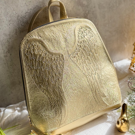 Angel Wings Leather Backpack for Women • Hand Tooled Western Boho Sustainable Leather Bag