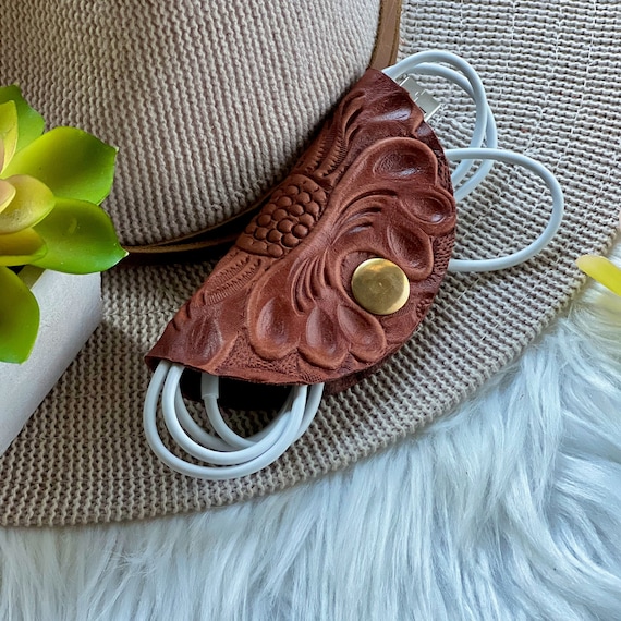 Handmade Tooled Leather Cord Keeper: Personalized Cable Organizer