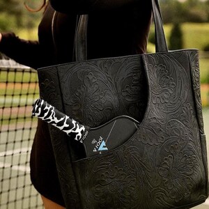 Leather Pickleball Tote Bag: Personalized Boho Gym & Court Bag Black