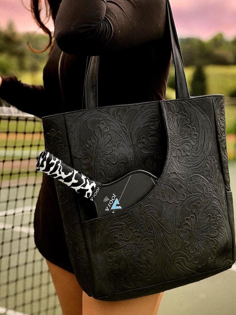 Leather Pickleball Tote Bag: Personalized Boho Gym & Court Bag Black