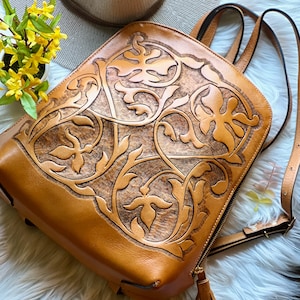 Hand-tooled Leather Backpack purse• Women's backpack • Gift for her • Backpack women leather tooled