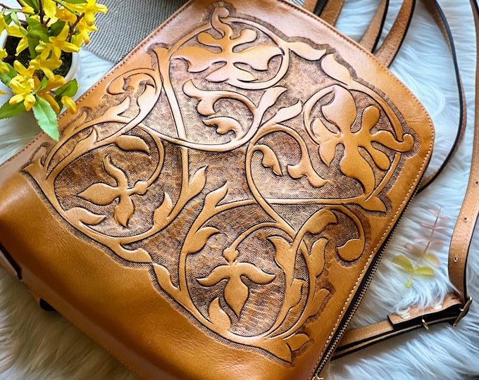 Hand-tooled Leather Backpack purse• Women's backpack • Gift for her • Backpack women leather tooled