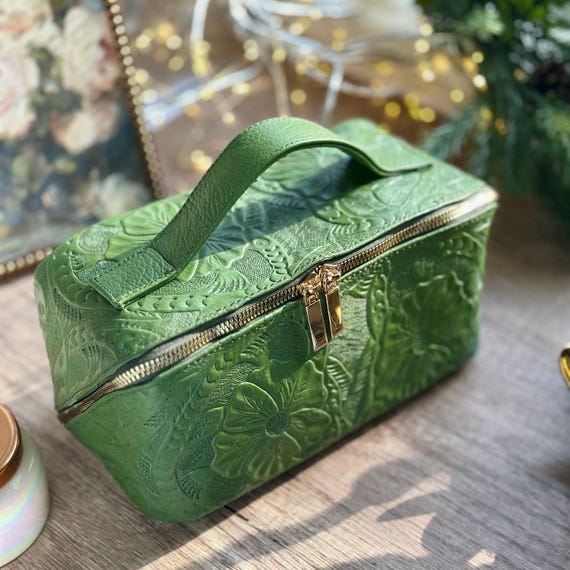 Personalized Leather Makeup Bag - Large Floral Travel Cosmetic Bag