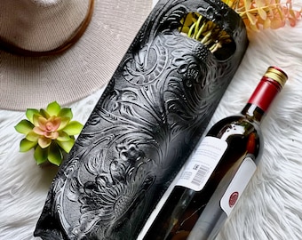 Handcrafted Embossed Leather Wine Tote: Personalized Wine Caddy
