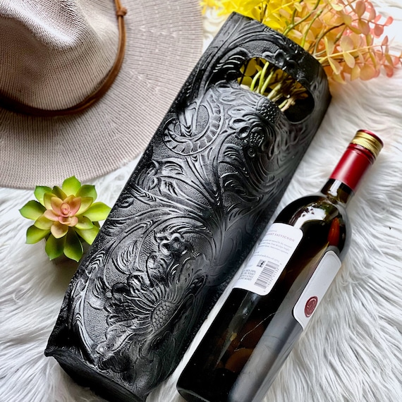 Handcrafted Embossed Leather Wine Tote: Personalized Wine Caddy
