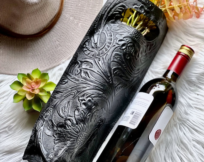 Handcrafted Embossed Leather Wine Tote: Personalized Wine Caddy