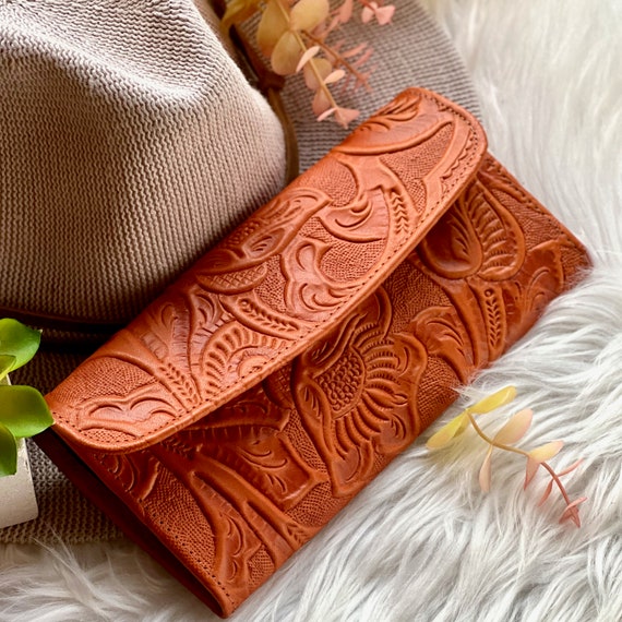 Floral Embossed Leather Wallet for Women: Handmade Buttery Soft Slim Design
