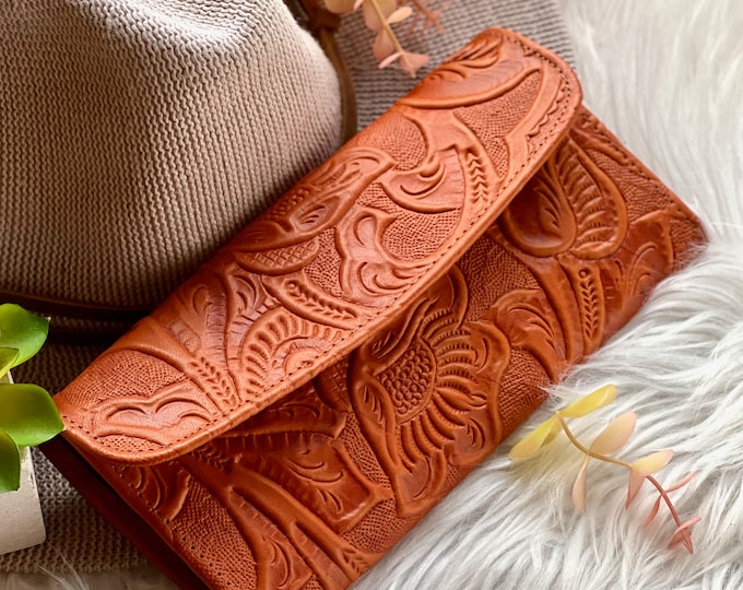 Floral Embossed Leather Wallet for Women: Handmade Buttery Soft Slim Design