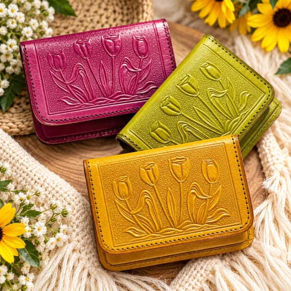Embossed Leather Card Holder • Handmade Tulip Women's Wallet