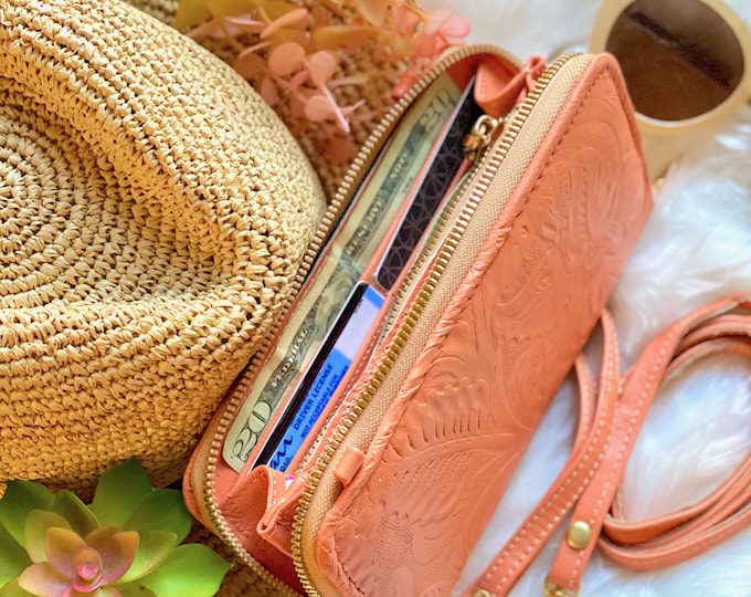 Bohemian Embossed Leather Wristlet Wallet for Women / Crossbody & Phone Holder / Gifts for her