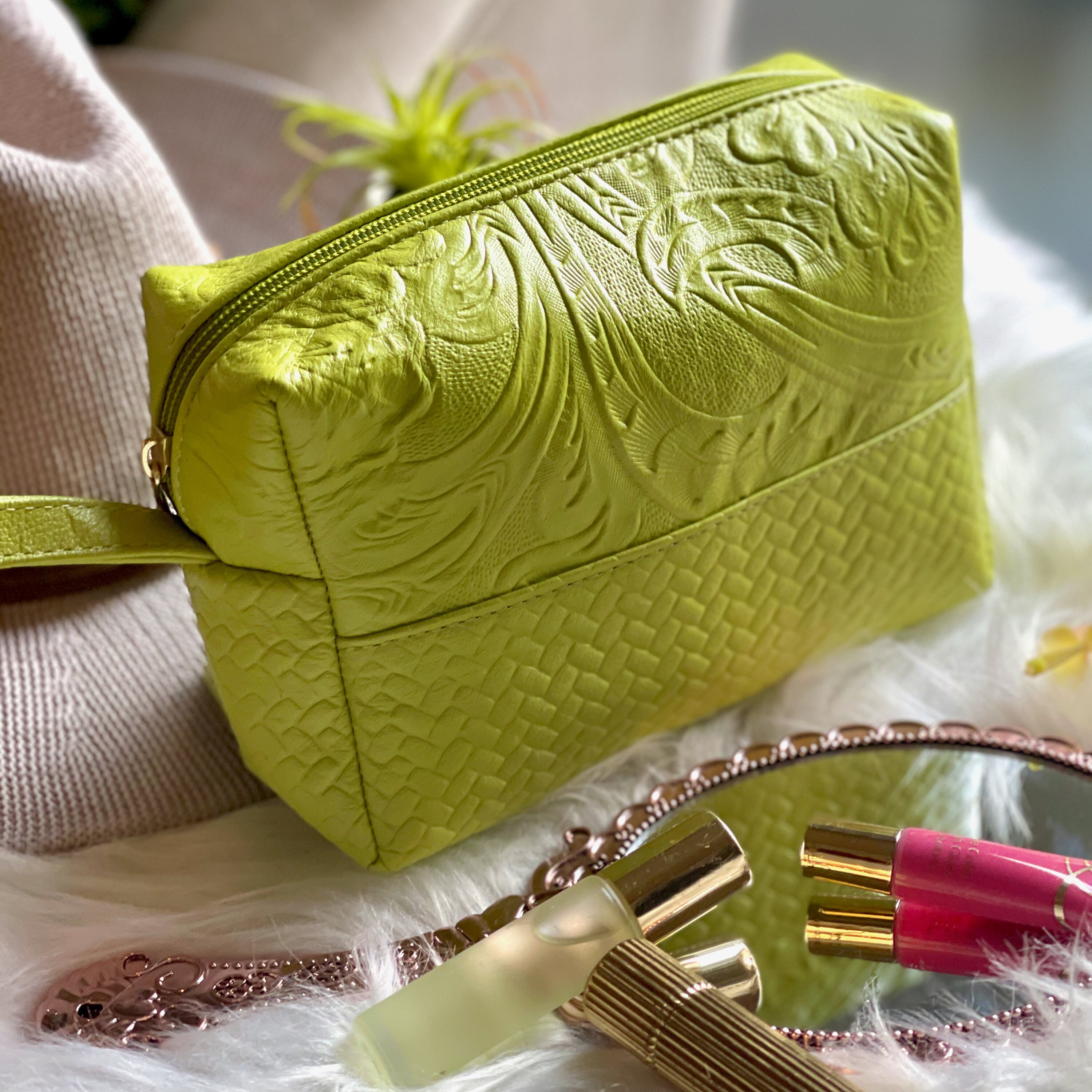 Handmade Cosmetic Bag Leather embossed Makeup BagGift for her