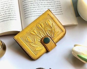 Personalized Leather Wallet: Handmade Floral Card Holder, Engraved Gift