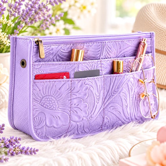 Purse Organizer Insert, Embossed Leather Bag Organizer, Floral Tote Insert, Handbag Organizer Insert, Bag in Bag Organizer