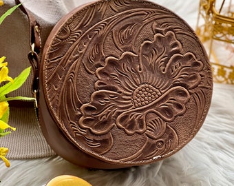 Leather circle crossbody Bag for women • small bags for women • Cute tooled round bag • crossbody • birthday gifts for her