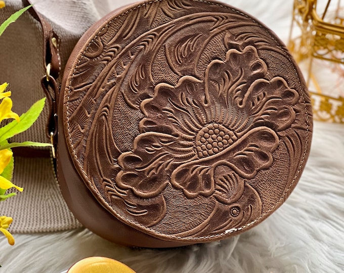 Leather circle crossbody Bag for women • small bags for women • Cute tooled round bag • crossbody • birthday gifts for her