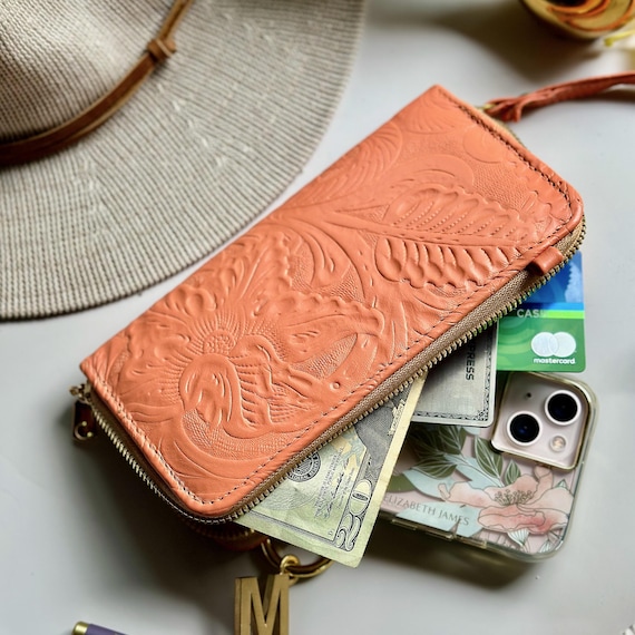 Floral Leather Clutch Purse • Handmade Wristlet Bag • Elegant Personalized Gift for Women