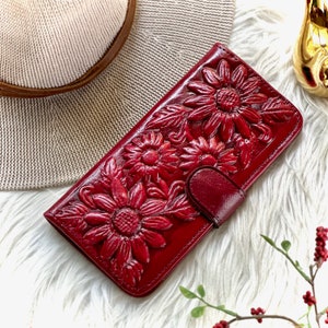 Cartera de piel con relieve de girasol para mujer •