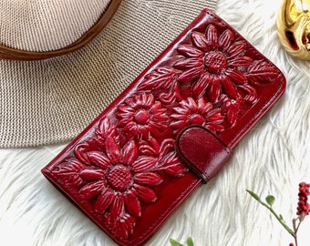 Handmade Small wallet • Bifold wallet • sunflower gifts • engraved wallet •  birthday gifts for her unique