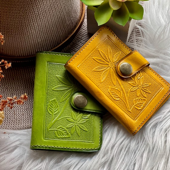 Floral Embossed Leather Card Holder Wallet - Handmade Pocket Wallet
