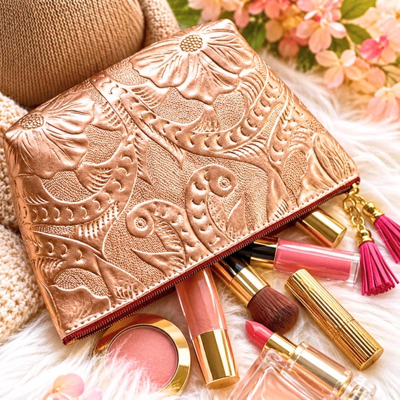 Personalized Leather Makeup Bag, Embossed Floral Cosmetic Bag