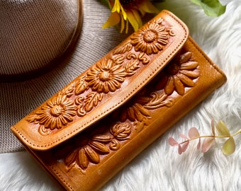 Handmade leather wallets for women • Embossed Sunflowers Cash wallets • Sunflower Gift