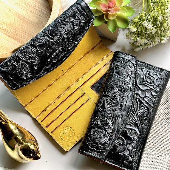 Handmade Tooled Leather Wallet for Women: Western Floral Design