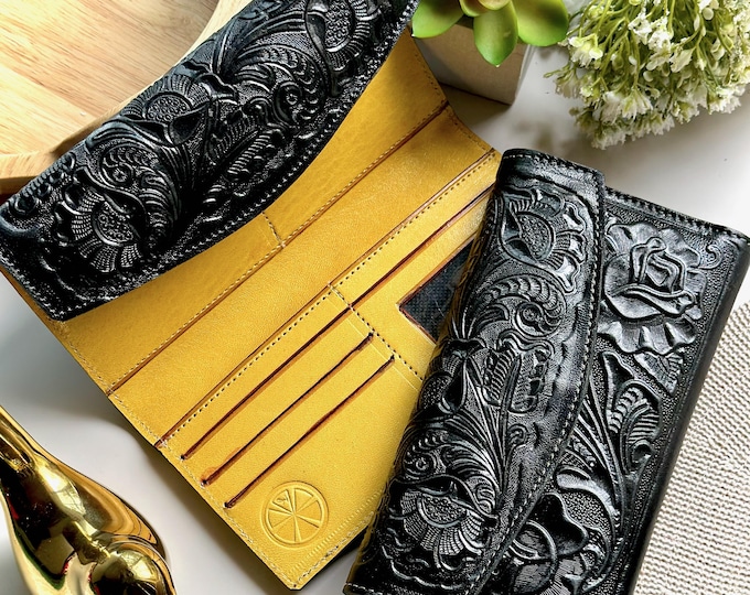 Handmade Tooled Leather Wallet for Women: Western Floral Design