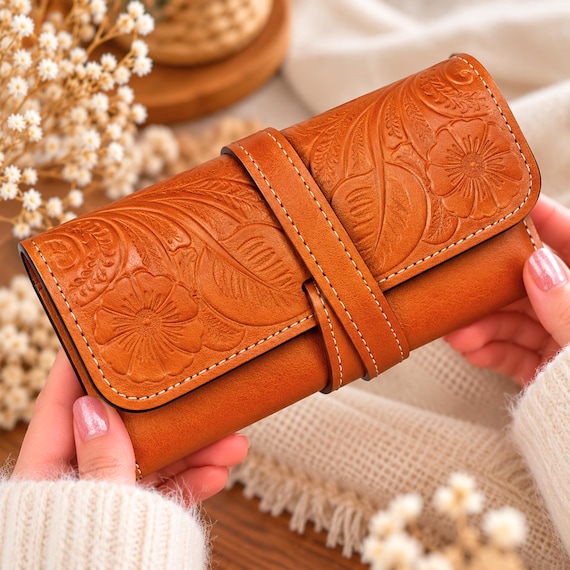 Personalized Leather Tech Organizer for Her, Floral Travel Cable Case, Engraved Cord Organizer, Useful Gift for Women
