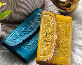 Small Leather Wallet for Women • Rose Embossed Minimalist wallet  • Handmade Personalized Gift for Her
