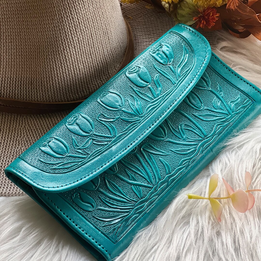 Handcrafted Leather Women's Wallet: Embossed Tulip Design, Long Boho ...
