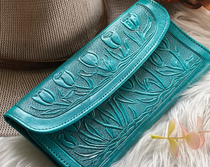 Handcrafted leather woman wallets • Embossed leather wallets • long wallets for women • leather gifts
