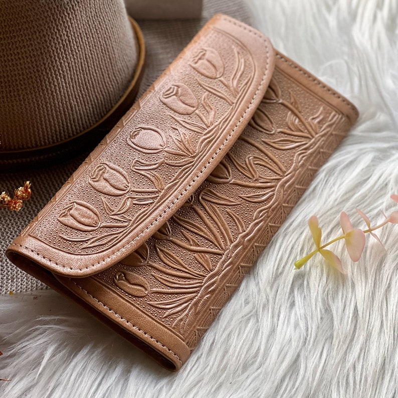 Handcrafted leather woman wallets Embossed leather wallets long wallets for women leather gifts image 7