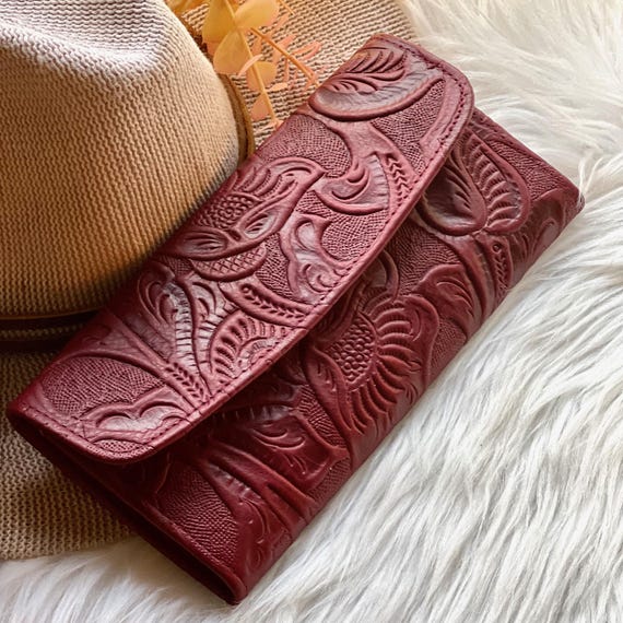 Floral Embossed Leather Wallet for Women • Slim Personalized Wallet