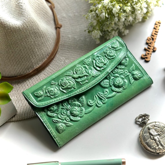 Embossed Rose Leather Wallet: Handmade Vintage Style, Personalized