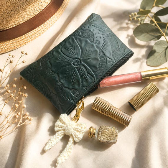 Handmade Leather Zipper Pouch, Floral Leather Makeup Bag, Small Cosmetic Pouch, Leather Coin Purse, Gift for Her