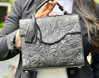 Embossed Leather Purse and Wallet Set • Matching Bag • Vintage-Style Envelope Crossbody • Handmade Gift for Her • Structured Leather