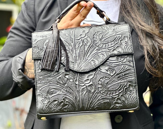 Embossed Leather Purse and Wallet Set • Matching Bag • Vintage-Style Envelope Crossbody • Handmade Gift for Her • Structured Leather