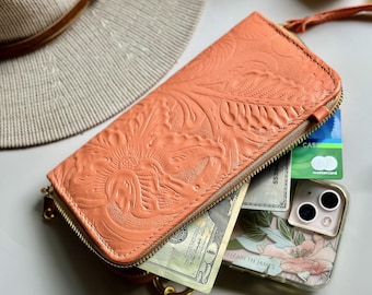 Bohemian Embossed Leather Wristlet Wallet for Women / Crossbody & Phone Holder / Gifts for her