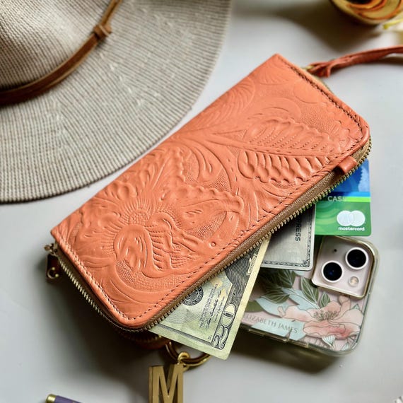 Bohemian Embossed Leather Wristlet Wallet for Women / Crossbody & Phone Holder / Gifts for her