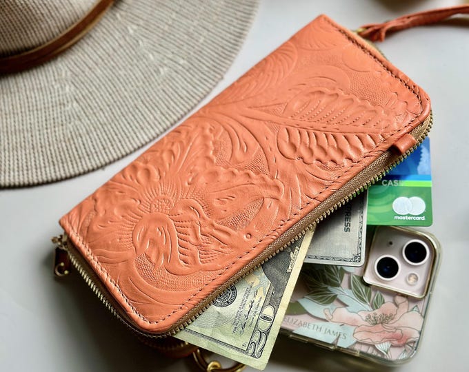 Bohemian Embossed Leather Wristlet Wallet for Women / Crossbody & Phone Holder / Gifts for her
