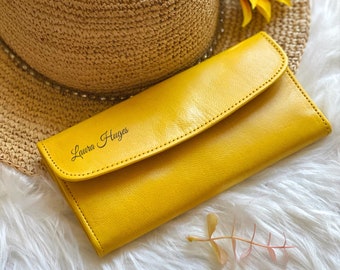 Handmade Yellow Leather Wallet for Women: Slim Clutch with Card Slots