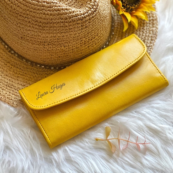 Handmade Yellow Leather Wallet for Women: Slim Clutch with Card Slots